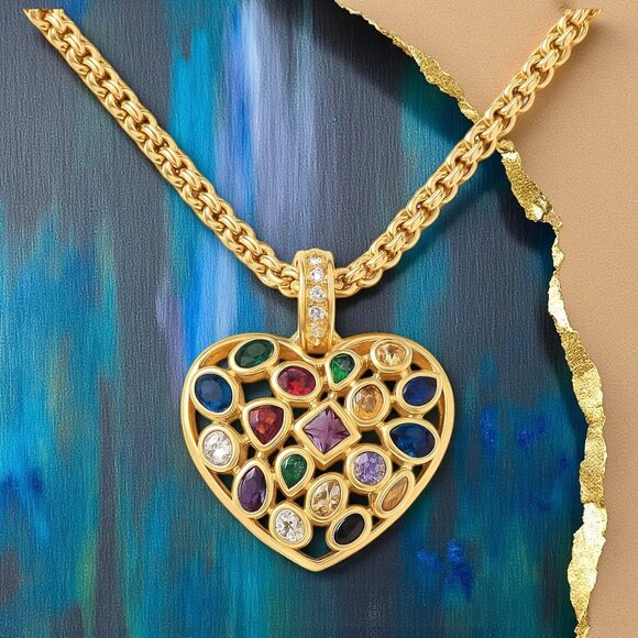 🆕️ Boho Chic Colorful Gem Heart Necklace 18K Gold Plated Stainless Steel - Picture 1 of 14